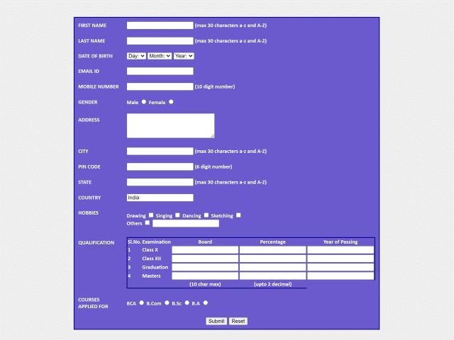 Student Registration Form in HTML and CSS